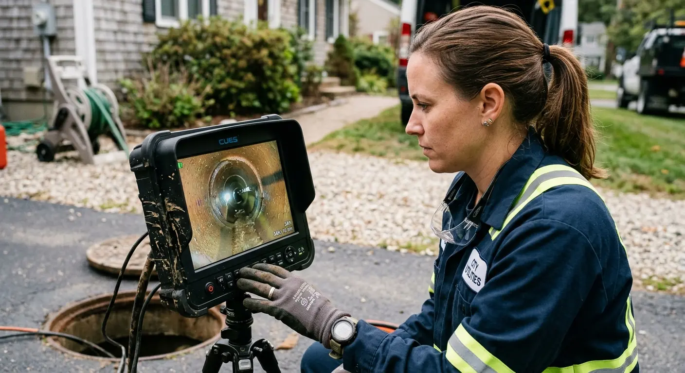 Technician reviewing sewer camera inspection footage in Harrah