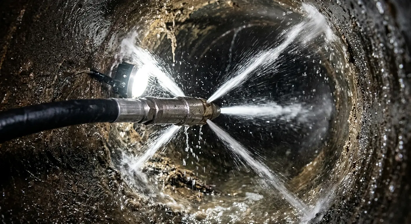 High-pressure hydro jetting nozzle cleaning sewer pipe for Trenchless Sewer Repair in Harrah