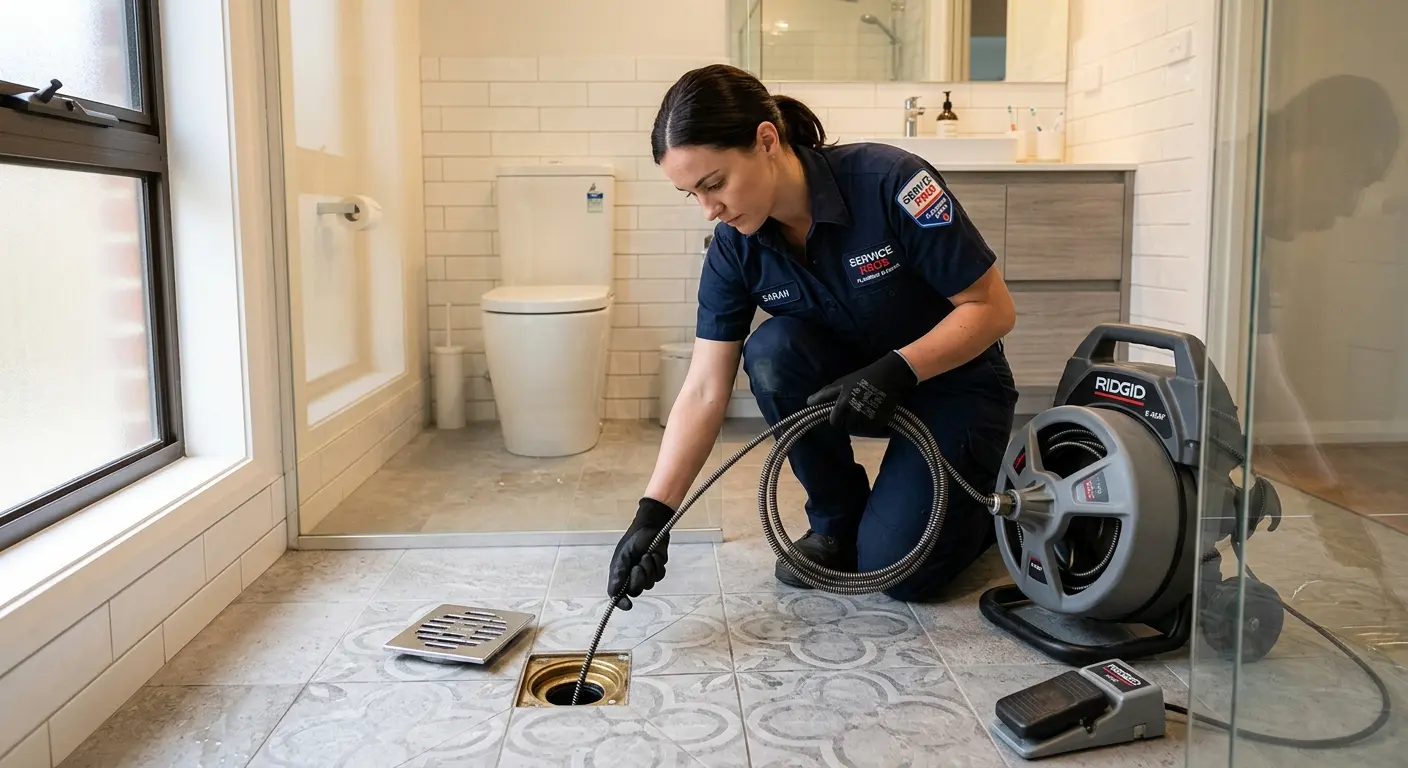 Technician clearing a bathroom floor drain for Sewer Line Installation in Harrah